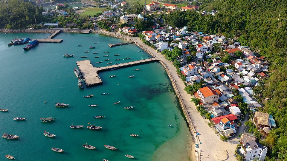 Aerial view of bay with fishing boats
