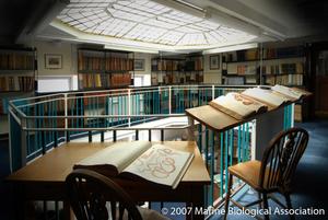 National Marine Library showing gallery view of library and books on a table