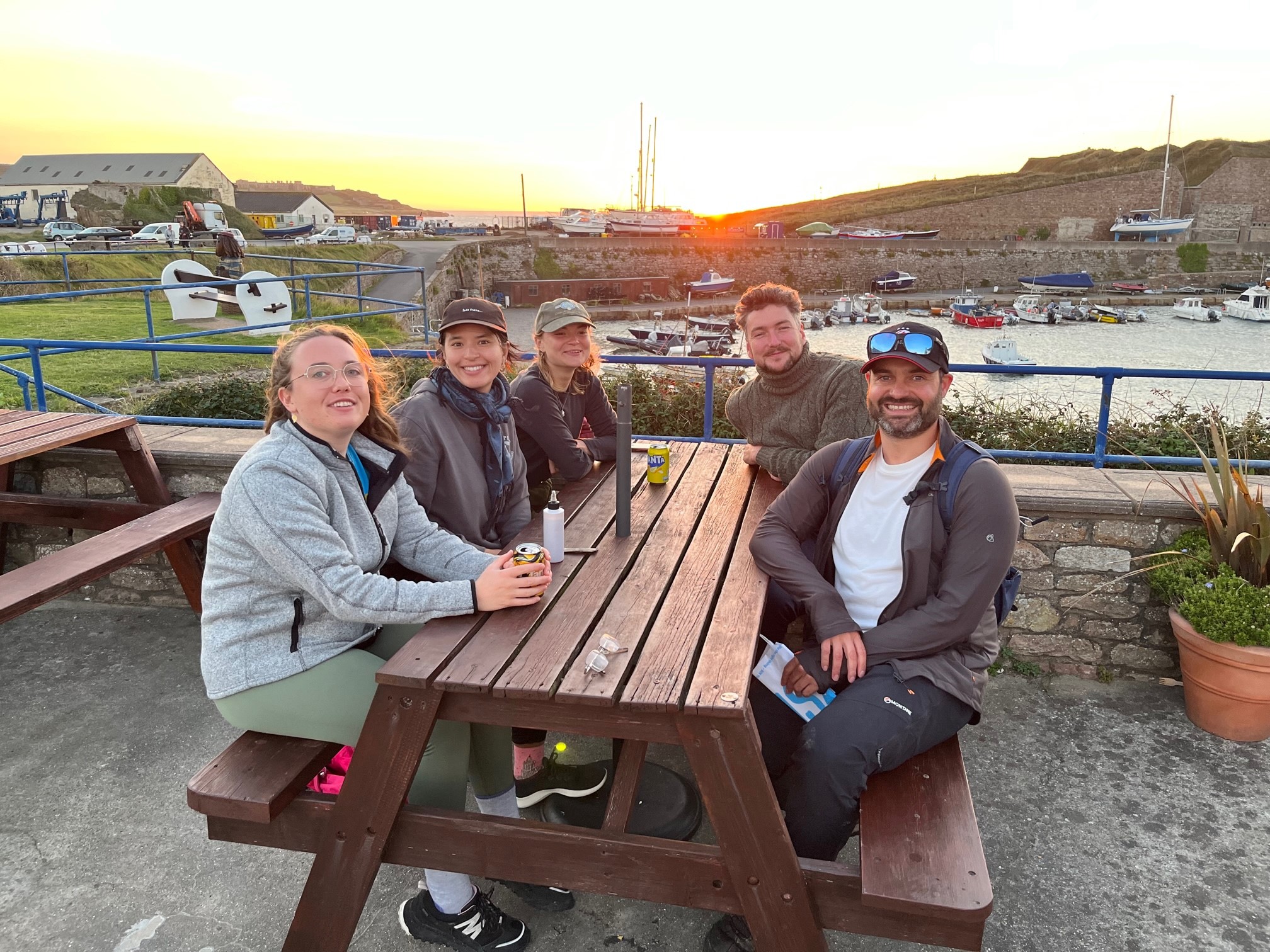 Belle, Inez, Rebekka, Patrick and Chris having a final fish and chips by the harbour..jpg